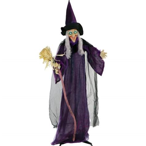 Haunted Hill Farm 6 Ft Animatronic Talking Witch With Broomstick Halloween Prop W Rotating