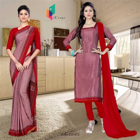 Light Red And Red Italian Crepe Silk Hotel Uniform Saree Salwar Combo