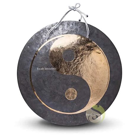 Gong yin yang noir et or en bronze 70 cm avec batteur pour méditation