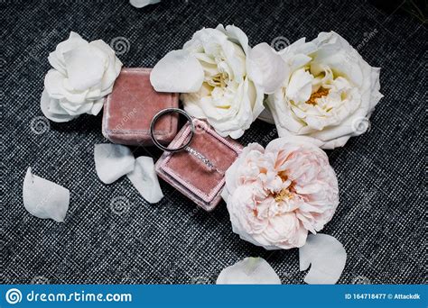 Wedding Rings In A Box On A Background Of Roses Stock Image Image Of