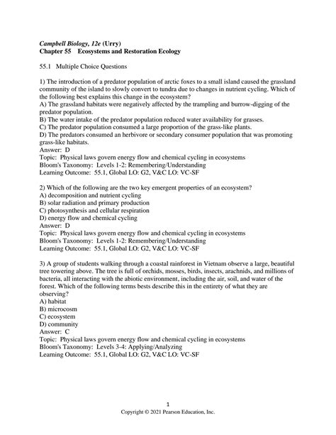 SOLUTION Test Bank Campbell Biology 12e Urry Chapter 55 Ecosystems