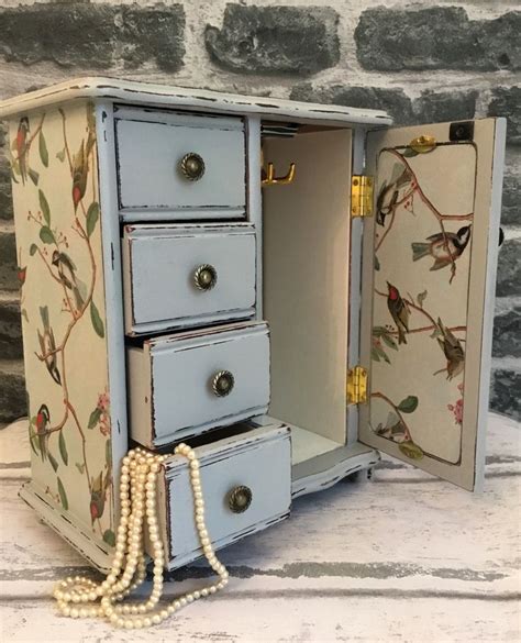 Vintage Shabby Chic Jewellery Armoire With Cute Bird Decoupage