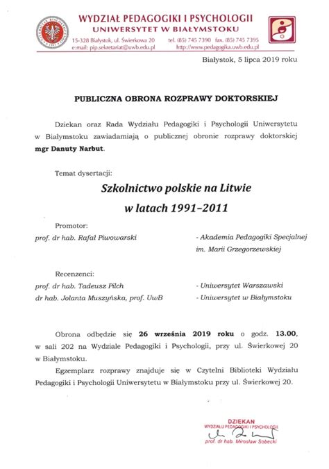 Zaproszenie Na Publiczn Obron Rozprawy Doktorskiej Mgr Danuty Narbut