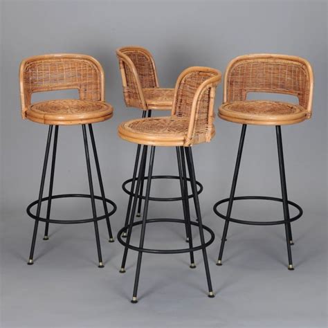 Set Of 4 Mid Century Rattan Swivel Bar Stools In Style Of Danny Kursi