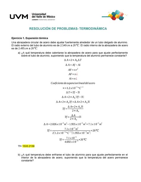 Ejercicio 1 Expansión Térmica ResoluciÓn De Problemas TermodinÁmica