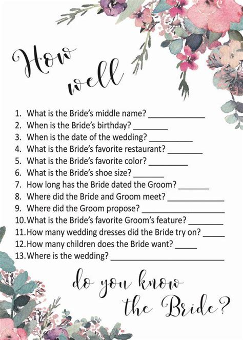 BRIDAL SHOWER GAME How Well Do You Know The Bride Printable Etsy