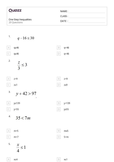 50 One Step Inequalities Worksheets For 7th Grade On Quizizz Free And Printable