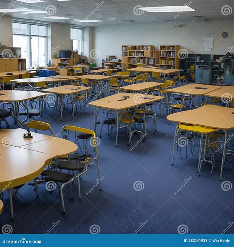 A Classroom with Desks and Chairs Filled with School Supplies Stock ...