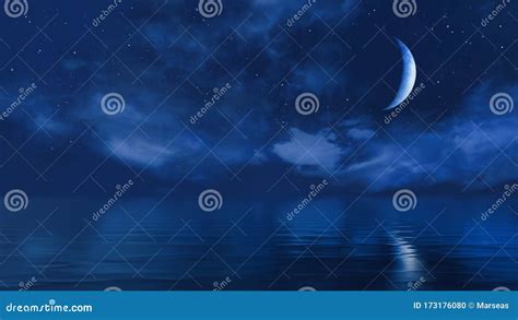 Half Moon In Starry Night Sky Above Ocean Surface Royalty-Free ...