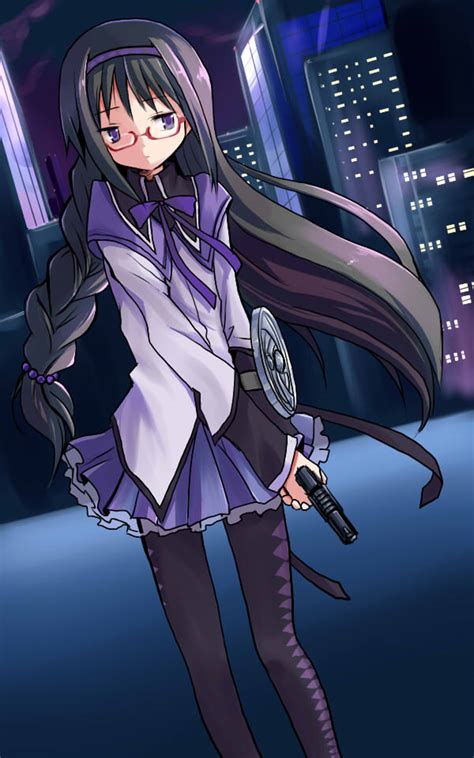 Safebooru Akemi Homura Argyle Argyle Legwear Black Hair Black Legwear Braid Glasses Gun