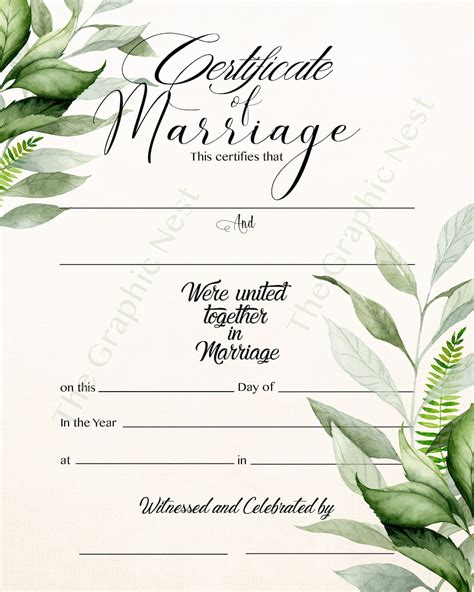 Green Leaf Marriage Certificate Digital Download Etsy