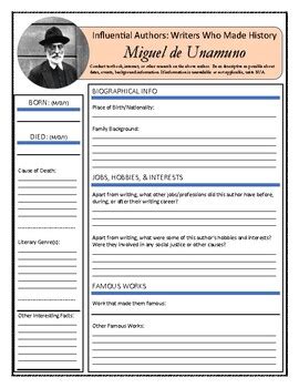 Miguel de Unamuno Biography Worksheet by Ridley Learning Affiliates