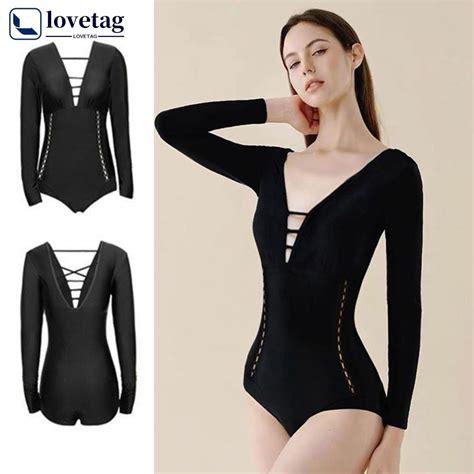 Lovetag Solid Color Triangle One Piece Long Sleeve Swimsuit Hollow Mesh