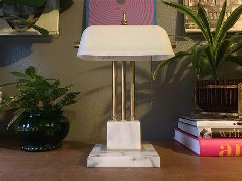 Vintage Bankers Lamp White Shade Marble Base Brass Art Etsy