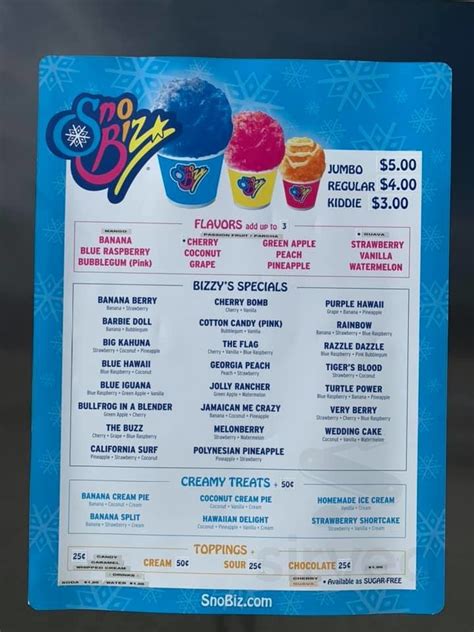 Sno Biz Krazy Shaved Ice Menu In Haines City Florida USA