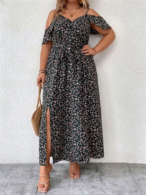 Shein Lune Plus Ditsy Floral Print Cold Shoulder Belted Dress Shein Usa