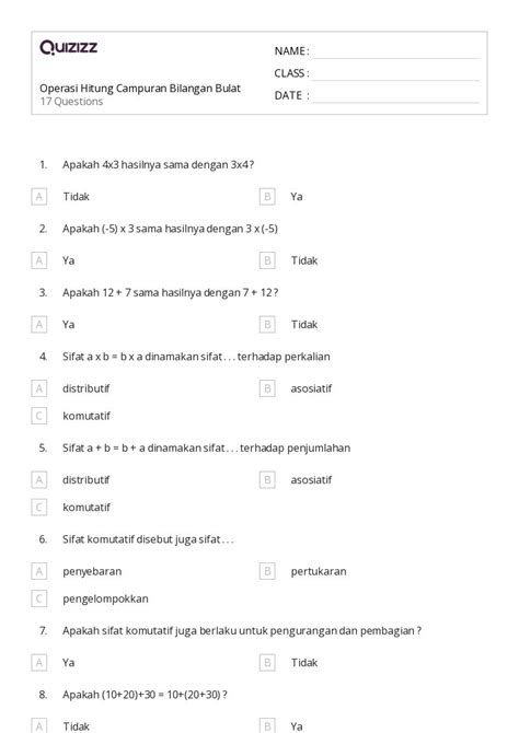 Lembar Kerja Operasi Dengan Bilangan Bulat Untuk Kelas Di Quizizz