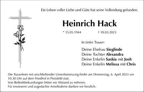 Heinrich Hack Traueranzeige Trauer Infranken De