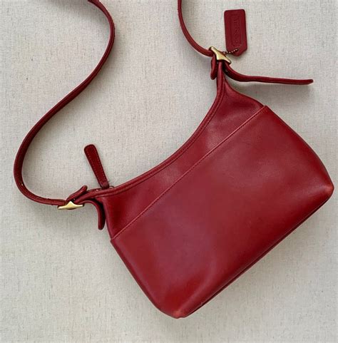 Red Leather Coach Purse Vintage Handbag Shoulder Bag Brass Hardware