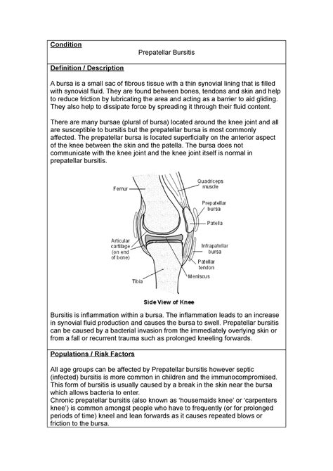 Prepatellar Bursitis Clinical Pattern Sheet Condition Prepatellar