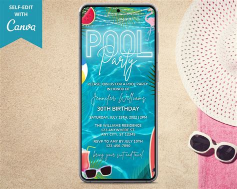 Digital Pool Birthday Party Invitation Electronic Pool Party Invite