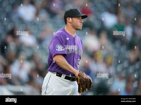 Colorado Rockies starting pitcher Ty Blach reacts after giving up a two-run home run to Arizona ...