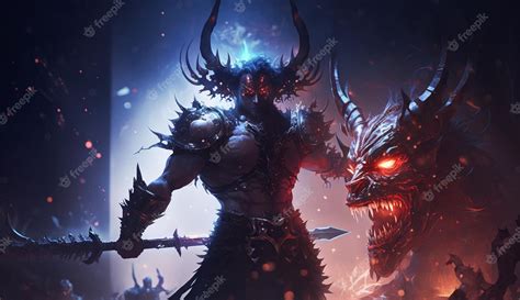 Premium Ai Image Epic Battle Warrior Fighting Evil Demon In Epic Showdown