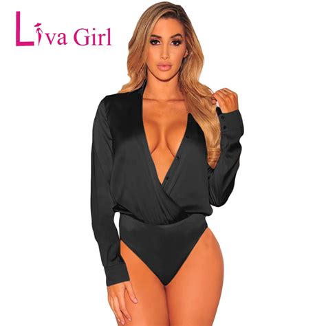 Liva Girl Black Deep V Neck Sexy Bodysuit Women Long Sleeve Thin