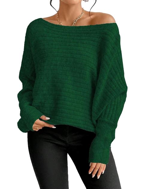 Casual Plain Boat Neck Pullovers Long Sleeve Dark Green Women Sweaters Women S