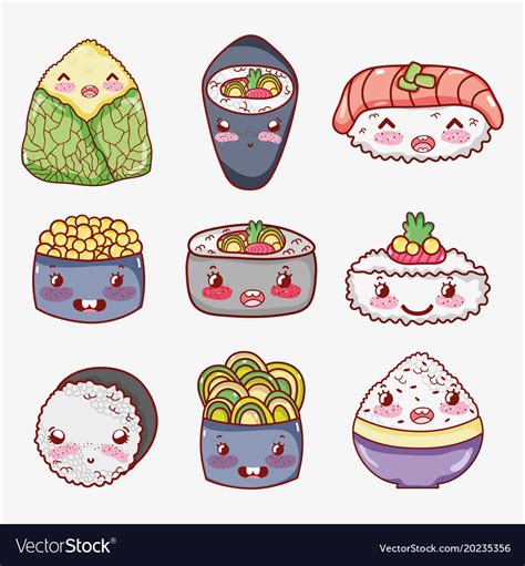 Asian food cute kawaii cartoon Royalty Free Vector Image