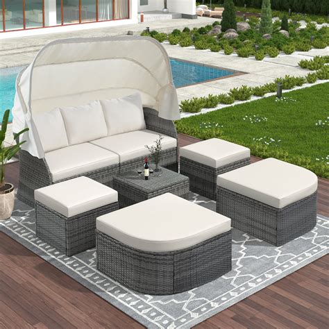 Leadzm Outdoor Patio Furniture Set Daybed Sunbed with Retractable Canopy Conversation Set Wicker ...