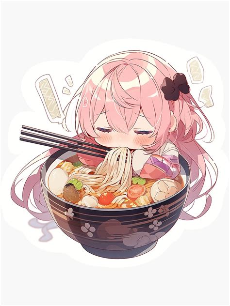 "Chibi Cute Anime Girl with pink hair Eating Ramen" Sticker for Sale by ...