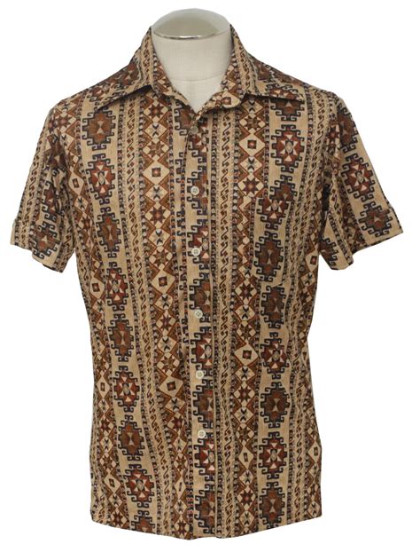 Seventies Vintage Print Disco Shirt S No Label Mens Browns Tan