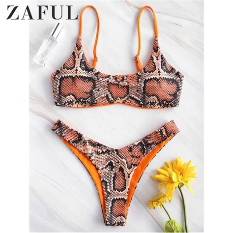 Zaful High Rise Waitst Knotted Sexy Snakeskin Bikini Plunging Elastic