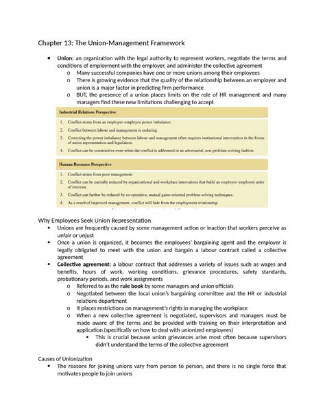 Human resources notes-23 - Chapter 13: The Union-Management Framework