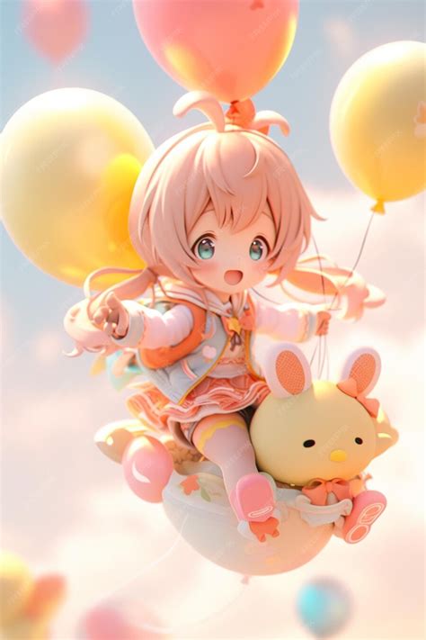 Premium Photo Anime Girl With A Stuffed Animal And Balloons Flying In