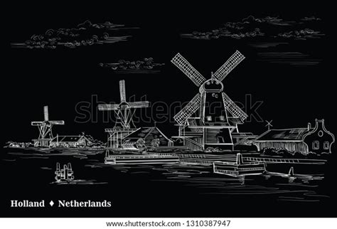 Vector Hand Drawing Illustration Watermill Amsterdam Stock Vector