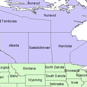 Map of U.S.-Canada border region. The United States is in green and ...