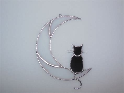 Black Cat On The Moon Art Stained Glass Window Hanging Etsy