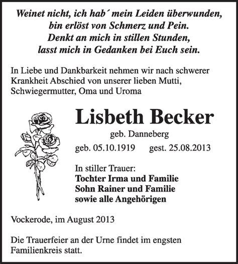 Traueranzeigen Von Lisbeth Becker Abschied Nehmen De