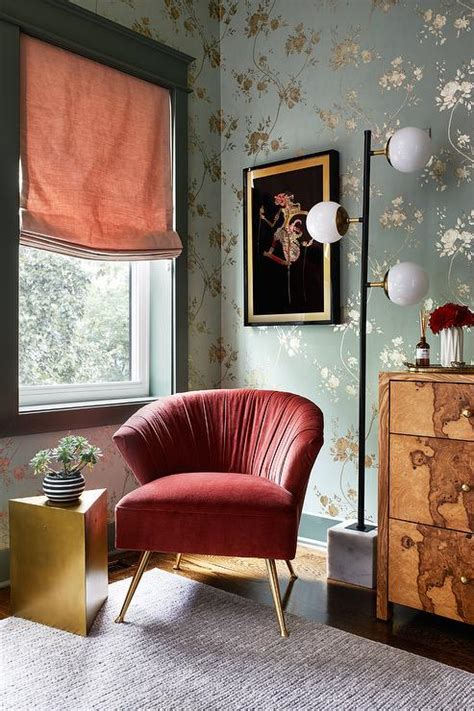 Red Velvet Accent Chair With Gold Triangle Shaped Accent Table