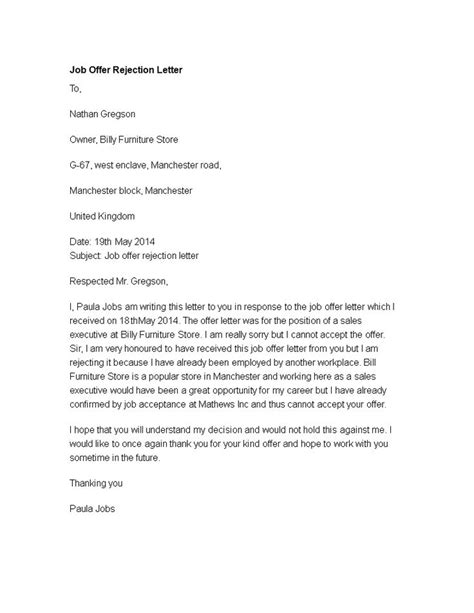 Email Job Offer Rejection Letter Templates At Job Rejection Job