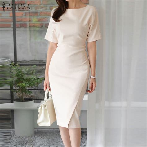 Zanzea Korean Style Womens Formal Sundress Office Work Short Sleeve Bodycon Dresses 11 Lazada Ph