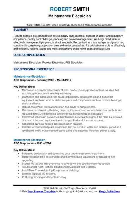 Maintenance Electrician Resume Samples Qwikresume