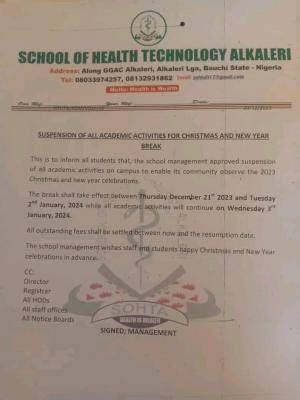 School Of Health Tech Alkaleri Suspension Of Academic Activities For