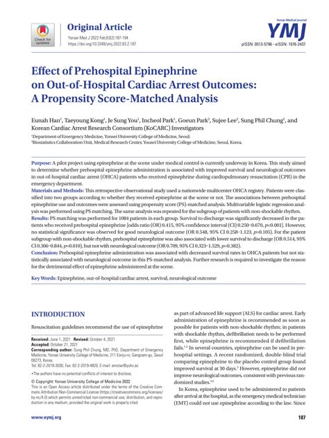 Pdf Effect Of Prehospital Epinephrine On Out Of Hospital Cardiac