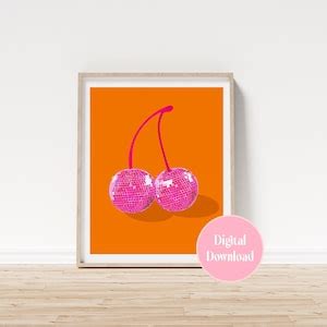 Orange And Pink Cherry Disco Ball Art Printable Cherries Wall Art Etsy