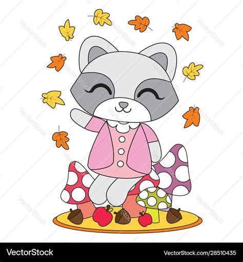 Print Cartoon With Cute Raccoon Girl Sits Vector Image