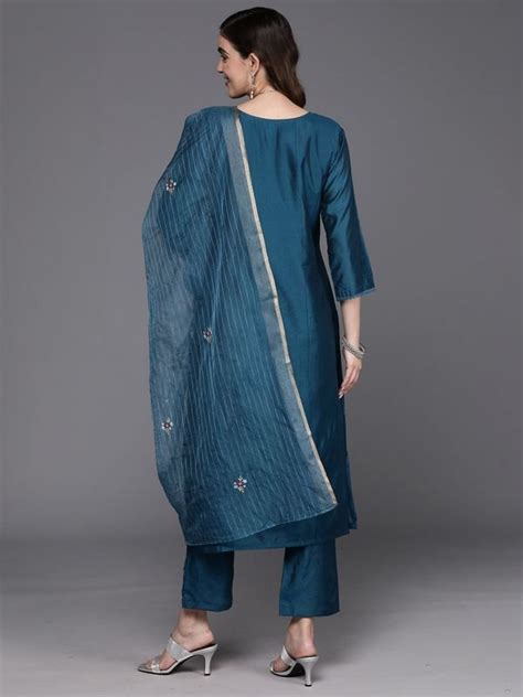 Viscose Rayon Indo Era Blue Embroidered Straight Kurta Trousers With