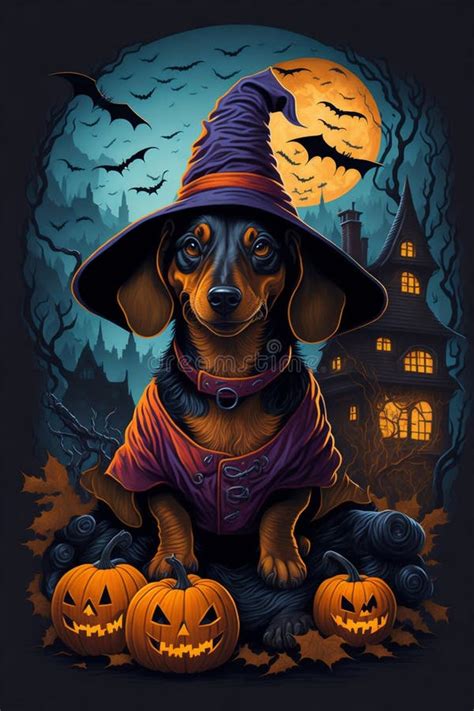 Dachshund In A Witch Hat Ready For Halloween At Night In A Grove With